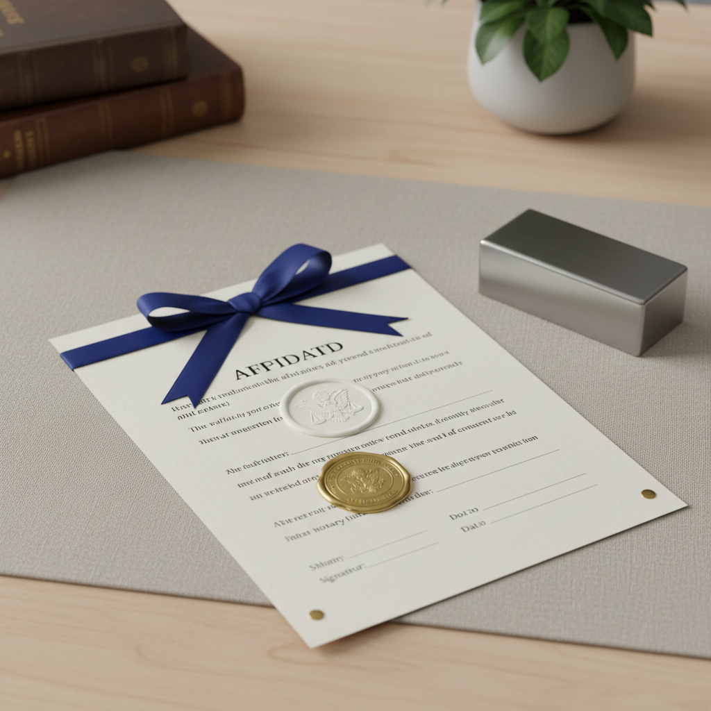 A securely bound, official affidavit document featuring raised notary embossing and a gold foil seal set neatly atop a smooth, neutral-toned linen workspace. Accompanying the document is a minimalist, modern paperweight crafted from brushed steel, anchoring one corner. Soft, even overhead lighting reveals crisp shadows and highlights the layers of paper texture. The background remains uncluttered, drawing attention to the document’s authenticity and the precision of professional notarization. Photographed at a slightly elevated angle for clarity, the composition is clean and reassuring, visually reinforcing the integrity and reliability of legal documentation as offered by The Notary Hub, LLC.