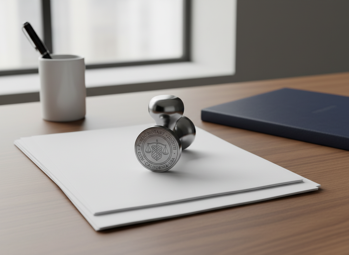 A precision-crafted metal notary stamp resting atop a neatly arranged stack of crisp documents on a smooth matte-finish walnut desk. The stamp is engraved with fine lines and features a deep satin silver sheen, reflecting hints of soft, indirect daylight streaming in from a nearby window. Surrounding the main subject, a minimalist ceramic pen holder and a closed navy-blue legal portfolio add visual depth while emphasizing order and professionalism. The composition, shot from a gentle eye-level angle with balanced framing and controlled focus, creates a sense of integrity and meticulous attention. The atmosphere is calm and trustworthy, emphasizing photographic realism with clean lines and a structured, corporate-minimalist style—perfectly representing the thorough, reliable nature of notary services.