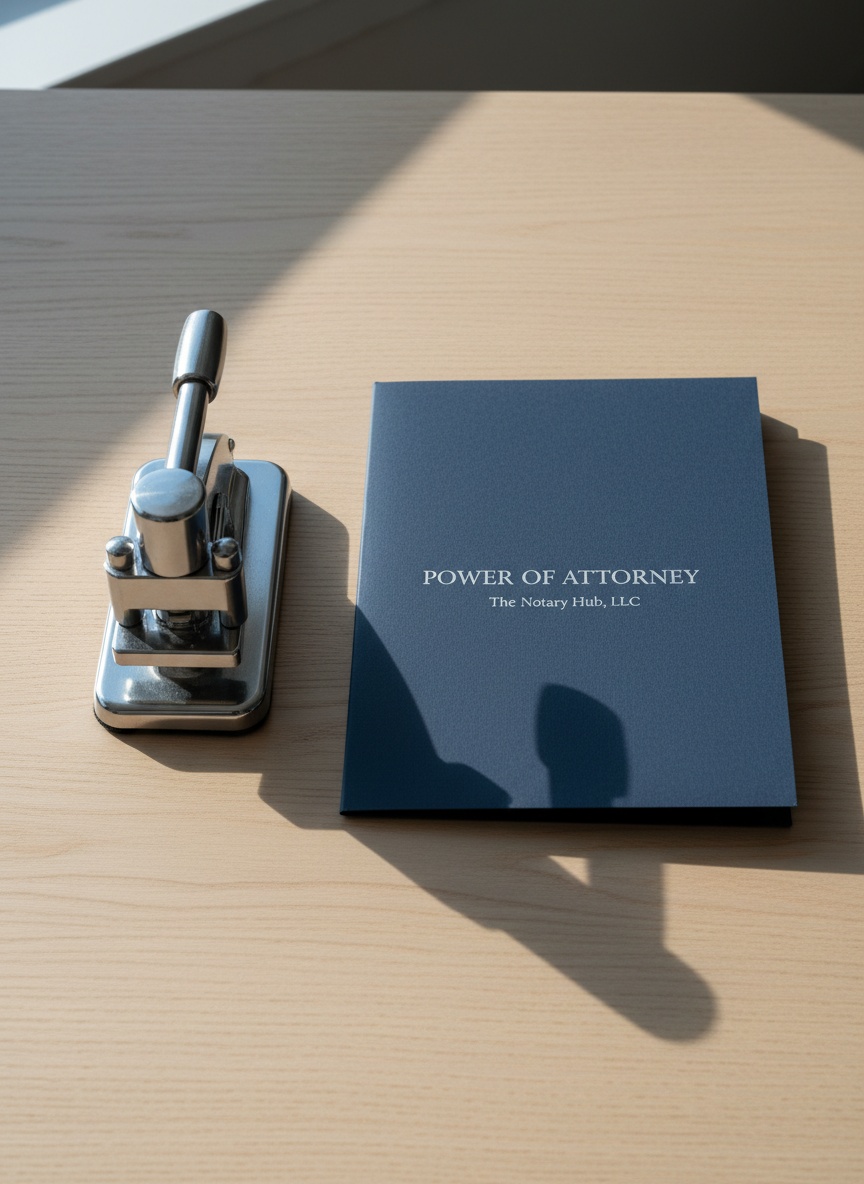 An ultra-modern desktop scenario featuring a brushed steel notary seal press standing firmly beside a crisp, navy blue folder labeled "Power of Attorney" in embossed matte silver. The folder and seal are arranged symmetrically on a pristine, light oak surface with softly textured grain. Cool daylight from an unseen window illuminates the scene, producing sleek, well-defined shadows and emphasizing the purity of materials. The frame, captured head-on with sharp focus, conveys structure and balance, highlighting the trustworthiness and high-caliber service synonymous with The Notary Hub, LLC’s approach to sensitive legal signings.