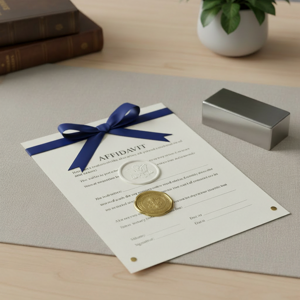 A professionally styled affidavit document with the word “AFFIDAVIT” correctly spelled at the top, featuring embossed white and gold seals and a navy ribbon, laid neatly on a neutral-toned desk with soft lighting. Clean, minimal, and trustworthy aesthetic suitable for The Notary Hub, LLC brand.
