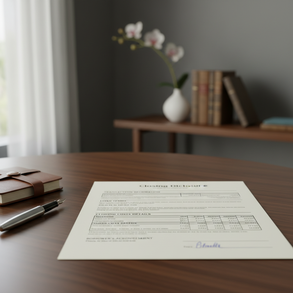 A closing disclosure document laid out on a table, maintaining the same sophisticated and neutral background as the previous image.