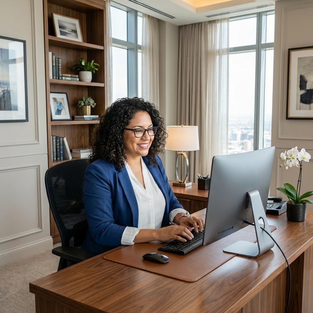 A smiling woman works at her computer alongside colleagues in a modern office environment.
