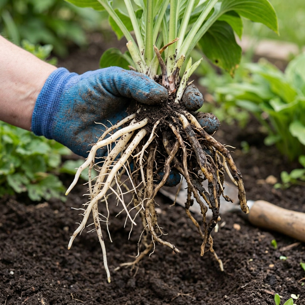 Hand in blue glove holding uprooted plant with healthy white and unhealthy brown roots