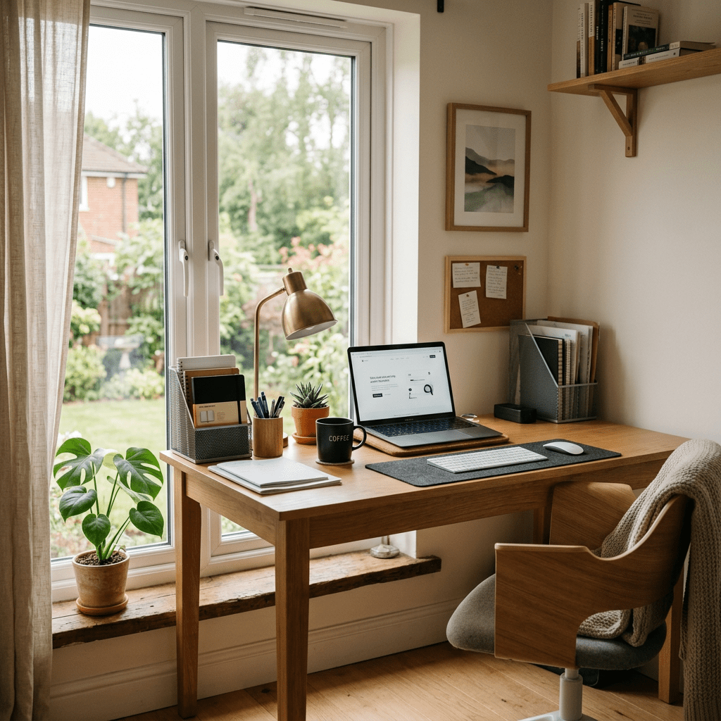 Wooden desk with laptop, lamp, coffee mug, and office supplies by window